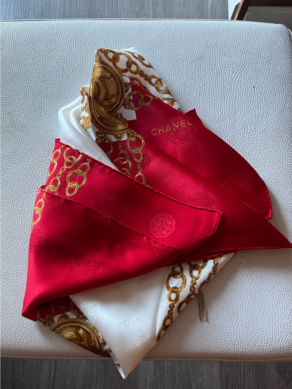 CHANEL Red and White Silk Scarf with Gold Chain Motif